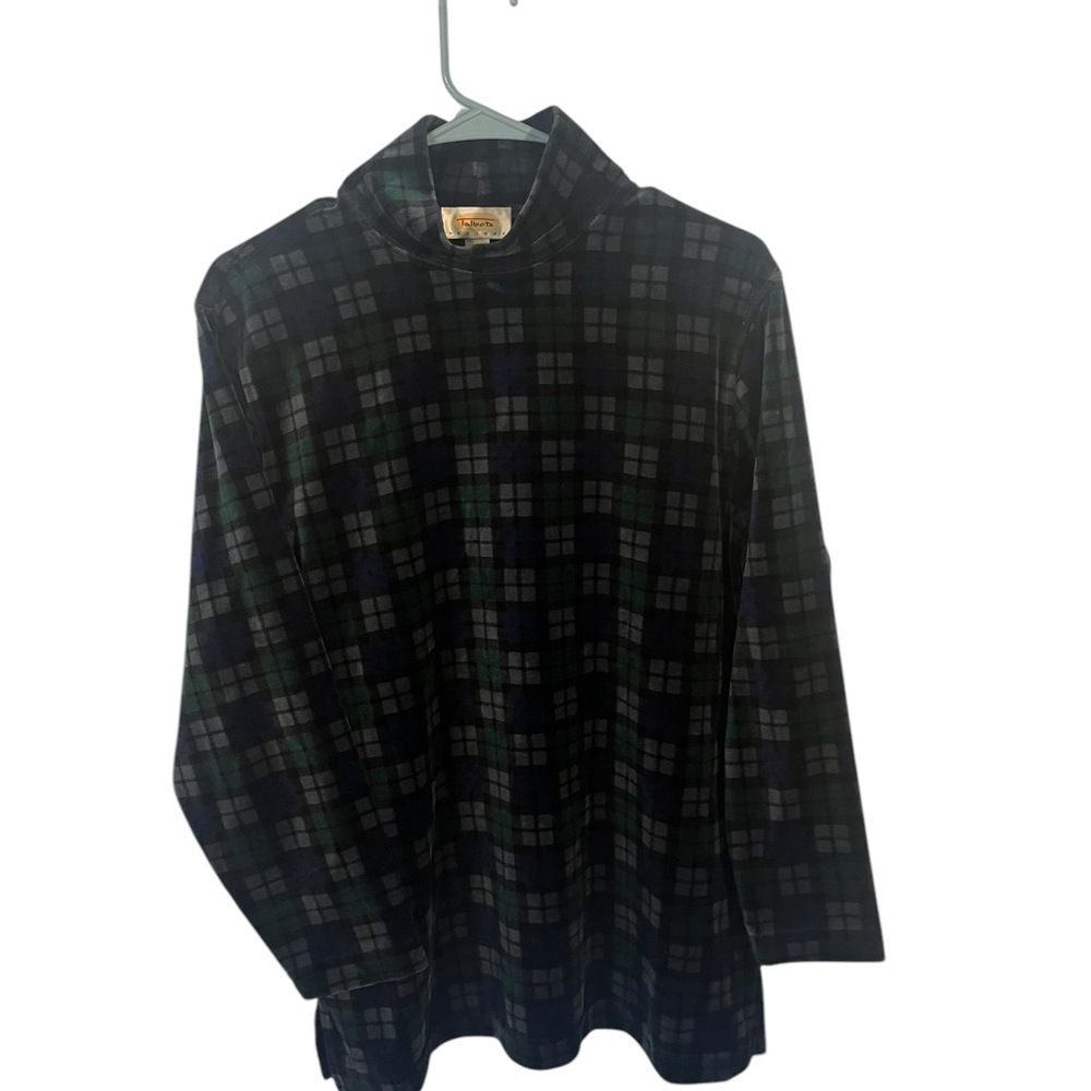 Vintage Talbots Navy Green Velour Plaid Long Sleeve Turtleneck